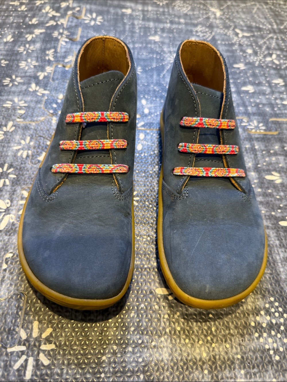 Vivobarefoot 13 Gobi Addis Kids Blue Leather Shoes with Colorful Elastic Laces - Picture 2 of 9